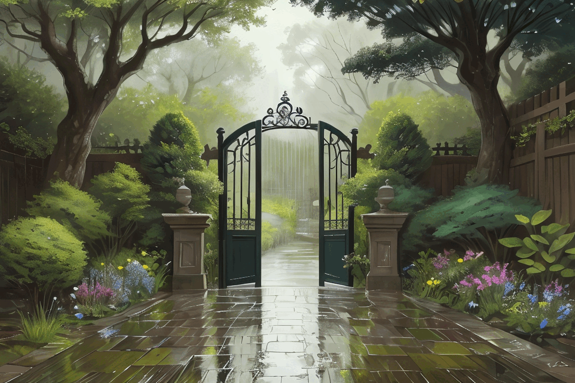 Illustration of an inviting garden gate on a rainy and misty morning